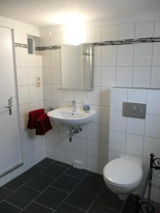 HergartenにあるFerienhaus Krukのトイレと洗面台を備えた白いバスルーム +25枚の写真