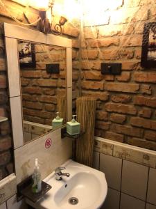 a bathroom with a sink and a mirror at Будинки рибалки in Sudovaya Vishnya