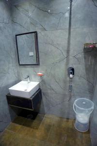een badkamer met een wastafel en een toilet bij Hotel Swastik 5 Minutes walking From Golden Temple in Amritsar