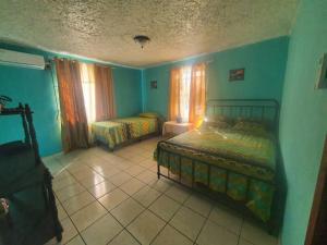 1 dormitorio con 2 camas en una habitación con paredes azules en House for 5 with vehicle included in Roatan, en Roatán