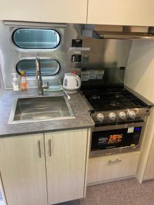 a kitchen with a sink and a stove in an rv at Nature Resort in Shimanto in Funato