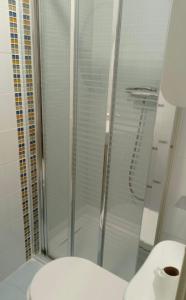 y baño con ducha de cristal y aseo. en Apartamento céntrico en Albacete., en Albacete