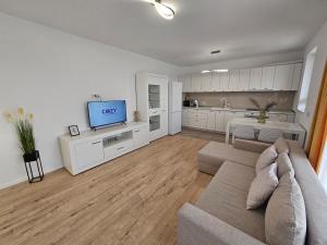 a living room with a couch and a kitchen at Deluxe Cozy Apartments - Coresi Mall #Brasov in Braşov