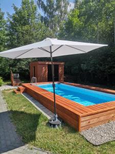 Bazén v ubytování Dziki zakątek Piskornia dom z sauną nebo v jeho okolí
