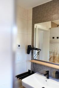 ein Bad mit einem Waschbecken und einem Spiegel in der Unterkunft Familyhaus Hochreuther's Hof in Oberdachstetten