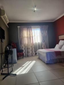 a bedroom with a bed and a television and a chair at De Prince Lodge in Vereeniging