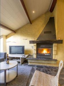 ein Wohnzimmer mit einem Kamin und einem TV in der Unterkunft Le Cottage du Roy in Gouvy
