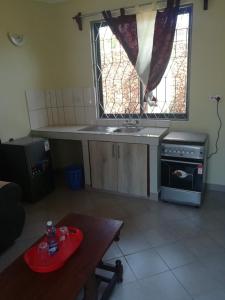 蒙巴薩的住宿－Lisa Mari，厨房配有桌子、水槽和窗户
