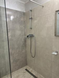 La salle de bains est pourvue d'une douche avec une porte en verre. dans l'établissement Laguna, à Loutsk