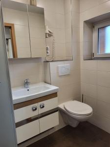 ein kleines Bad mit WC und Waschbecken in der Unterkunft Ferienwohnung Gerti in Uderns