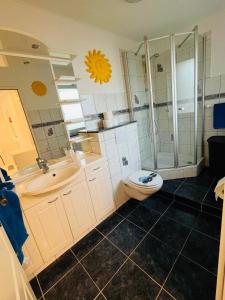 uma casa de banho com um WC, um chuveiro e um lavatório. em Ferien/Monteurwohnung Hodenhagen em Hodenhagen