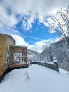 a cabin in the snow with a view of the mountains at Saminavo in Chʼokhatauri