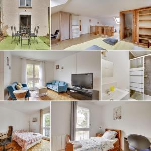 a collage of photos of a living room and a kitchen at La "Marquise", Jardin et Parking Privatif in Guyancourt