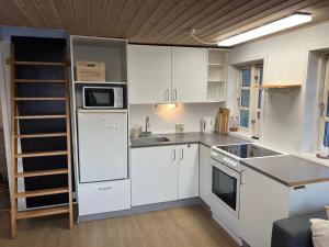 a small kitchen with white cabinets and appliances at Hvalkigger huset in Ilulissat