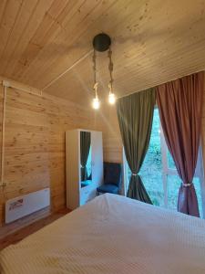a bedroom with a bed and a tv and curtains at Saminavo in Chʼokhatauri