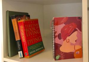 three books are sitting on a shelf at Sun's spacious apartment in Johannesburg