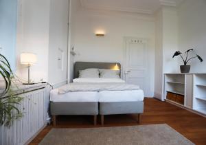 a white bedroom with a bed and a plant at Magnetfels in Lenzkirch