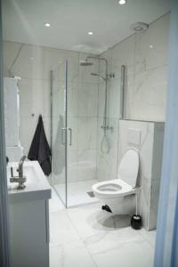 La salle de bains est pourvue d'une douche, de toilettes et d'un lavabo. dans l'établissement K. West, à Kristiansand