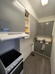 a small kitchen with a stove and a sink at Matkatoimisto lähellä keskustaa in Porvoo