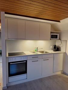 una cocina con armarios blancos y fregadero en Emma's comfy place, en Freienbach