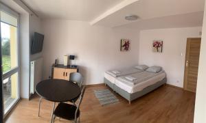 1 dormitorio con cama, mesa y escritorio en B&B vis a vis Zamku, en Malbork