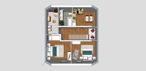 a floor plan of a house top view at "Stone's throw" KRUMLOV 5 min by car, LIPNO 15 min by car, 2 bdrooms,playroom in Kájov