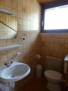 baño con lavabo y aseo y ventana en Pension Hasslhof, en Caldaro