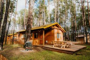 a log cabin in the woods with a picnic table and a grill at WYPOCZYWANKO w BORSKU domek 32 in Borsk