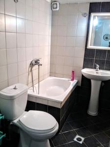 a bathroom with a toilet and a tub and a sink at Zenios Alexandros - Traditional penthouse in Oia