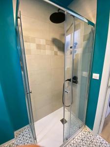 a shower with a glass door in a bathroom at Studio in Barrio Salamanca (D) in Madrid