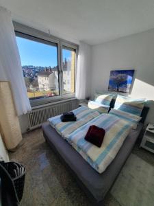 1 dormitorio con 1 cama grande y ventana grande en 1-Zimmer-Wohnung-EG Fewo 2 Rupertsberg, en St. Georgen im Schwarzwald