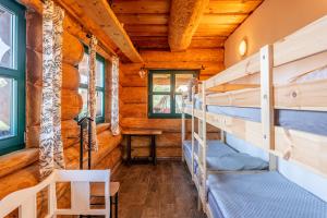 sypialnia z łóżkiem piętrowym w drewnianym domku w obiekcie Srub Pohodář v Novohradských horách w mieście Benešov nad Černou