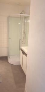 La salle de bains blanche est pourvue d'une douche et d'un lavabo. dans l'établissement Maison en pierres à 1200m de la mer, à Agon-Coutainville