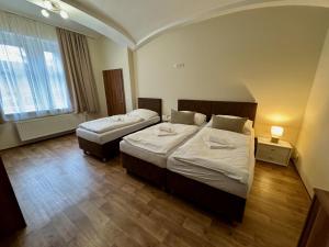 a hotel room with two beds and a window at Apartmány Laubeho náměstí in Teplice