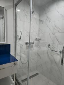 y baño con ducha y puerta de cristal. en Welcome To Batumi, en Batumi