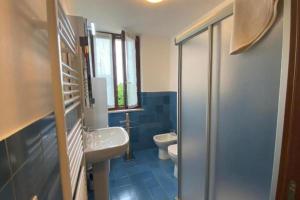 a blue bathroom with a sink and a toilet at Residenza Cipressi e Olivi in Verona