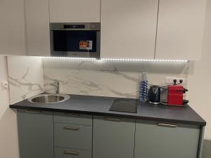 a kitchen counter with a sink and a microwave at Studio Paris tour Eiffel in Paris