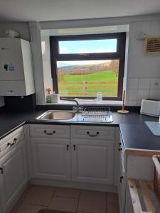 a kitchen with a sink and a window at Celtic Minor Cottage in Ystalyfera