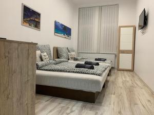 ein Schlafzimmer mit einem großen Bett in einem Zimmer in der Unterkunft Tiny Apartments in Miskolc