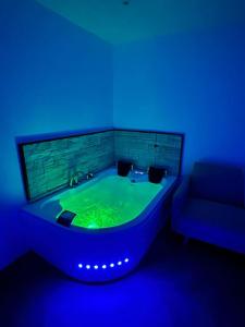 Dieses blaue Zimmer verfügt über eine Badewanne mit grünem Wasser. in der Unterkunft Bel appartement avec Jacuzzi #1 in Bourgoin
