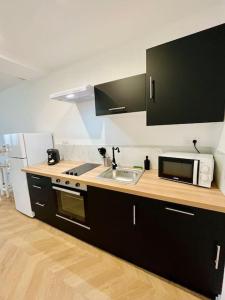 eine Küche mit einer Spüle und einer Mikrowelle in der Unterkunft Bel appartement avec Jacuzzi #1 in Bourgoin