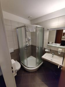 a bathroom with a shower and a toilet and a sink at Boutique Hotel Sopianae in Pécs