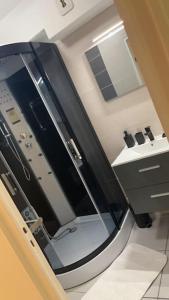 een badkamer met een glazen douche en een wastafel bij Appartement balenciaga in Échirolles