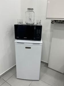 een magnetron bovenop een witte koelkast bij Appartement balenciaga in Échirolles