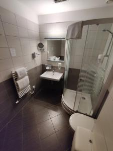 uma casa de banho com um lavatório, um chuveiro e um WC. em Boutique Hotel Sopianae em Pécs