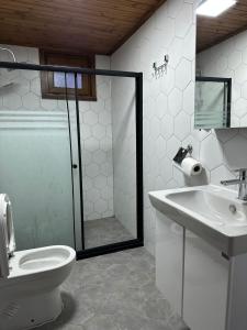 a bathroom with a shower and a toilet and a sink at Haremi Garden Suit Bungalows in Tokat