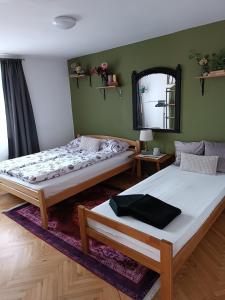 deux lits dans une chambre avec un miroir dans l'établissement Apartman Ohren, à Sarajevo