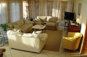 a living room with couches and chairs and a television at Fewo Schlangenkönig in Lehde