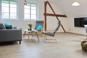 a living room with a chair and a tv at Hopkas Scheune in Lehde