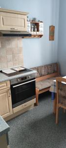 a living room with a stove and a couch at Ferienwohnung Marienkäfer in Wulkow